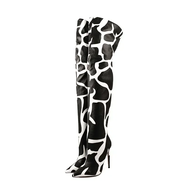 European and American Sexy Leopard Print High-heeled Knee High Boots for Women\'s Fashion Shows, Plus Size Color Blocked Shoes