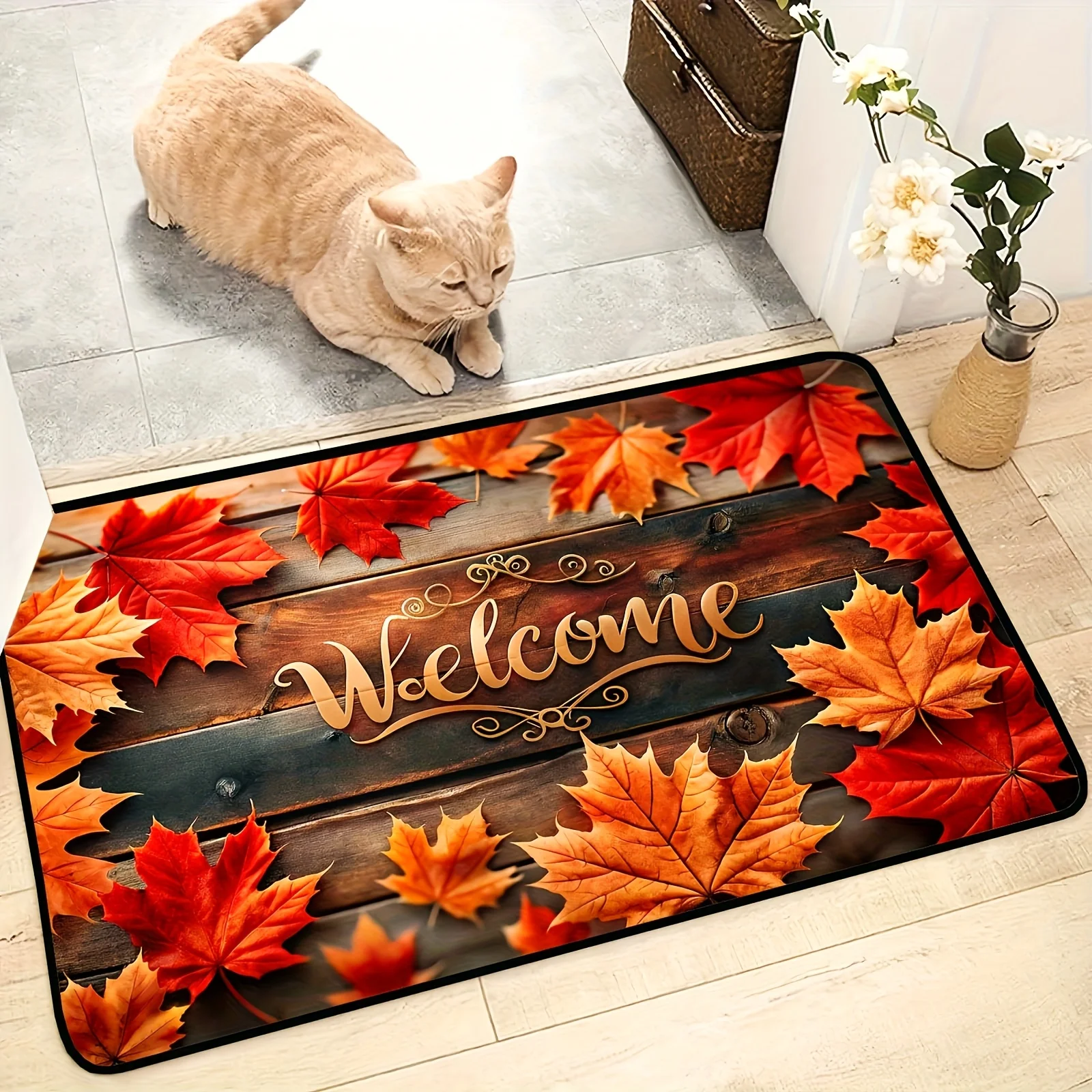 Autumn Maple Leaf Welcome Doormat Rustic Wooden Board Print Dust Catching Front Door Mat For Fall Harvest Farmhouse Entry Decor