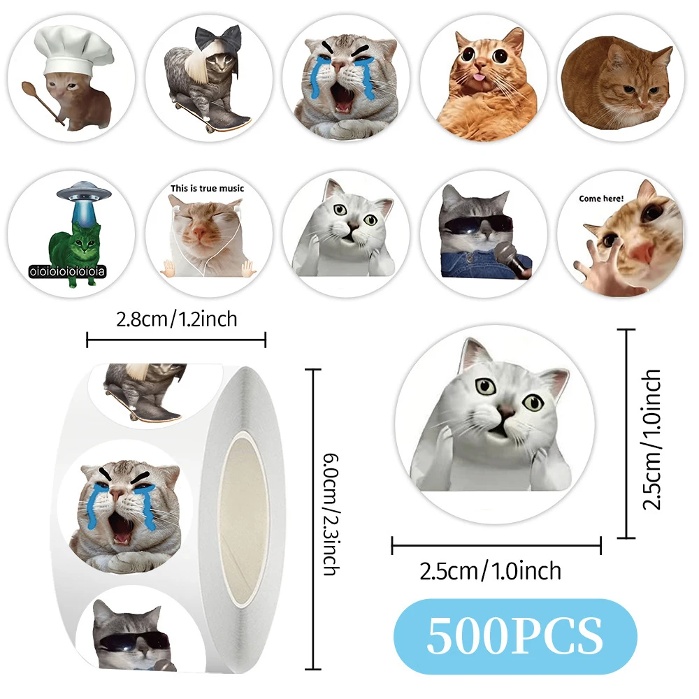 500pcs/Roll Cute Cat MEME Stickers Kawaii Animal Graffiti Decals DIY Scrapbook Luggage Suitcase Funny Sealing Label Sticker Pack