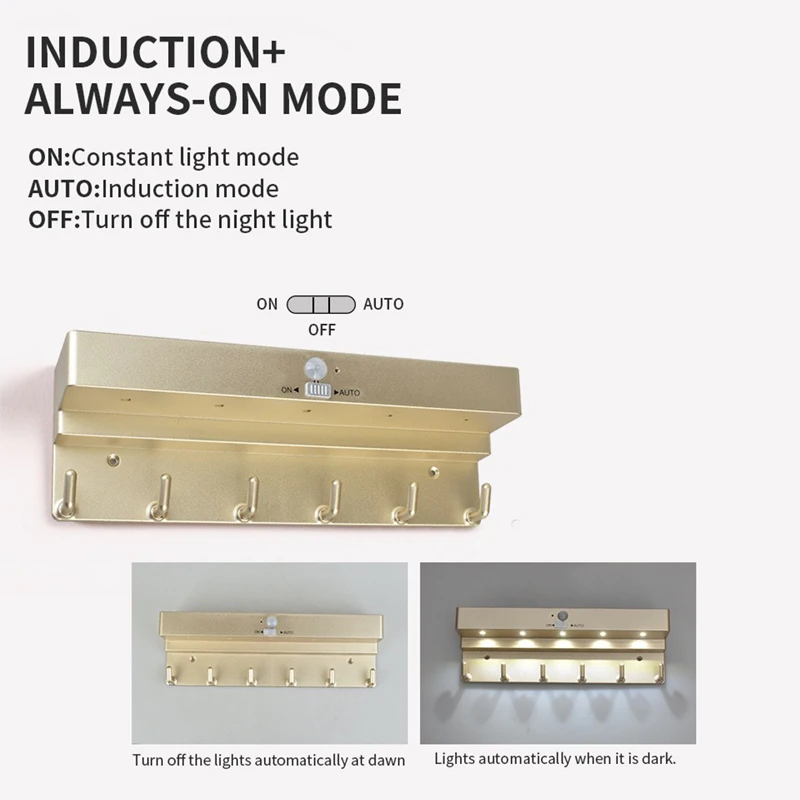 LED Motion Sensor Light Wall Hook with Light Storage Rack Battery Powered Install Without Drilling Hole for Cabinet Bedroom Wall