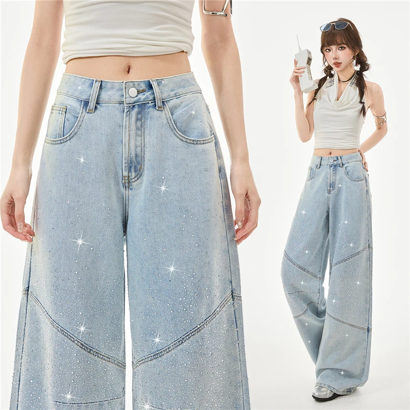 2026 Rhinestone Sparkle Cotton Wide Leg Jeans Women High Waist Loose Straight Fit Denim Pants Lyocell Casual Trousers