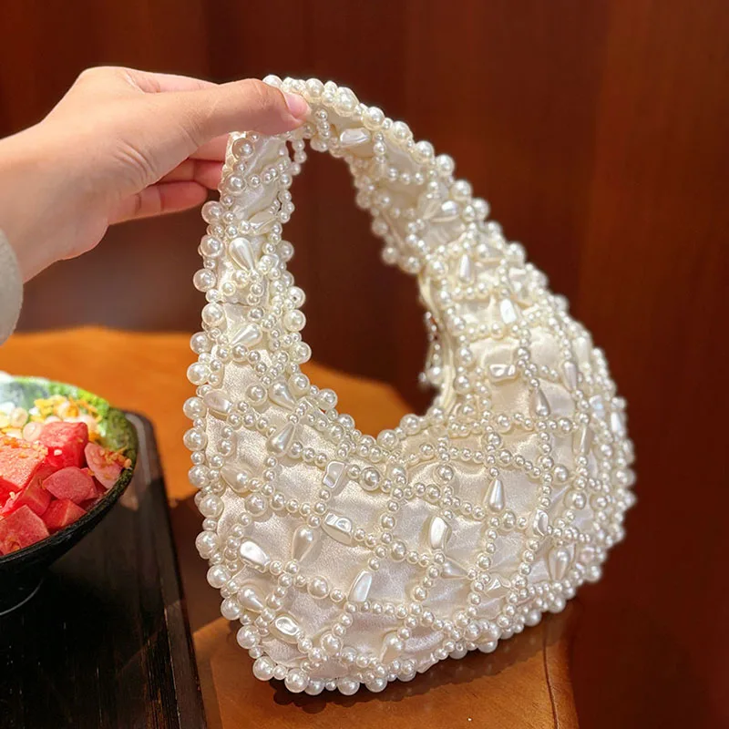 

Сумка-ведро ручной работы с жемчужными бусинами, женская плетеная сумка через плечо, сумка-мессенджер, вечерняя сумка с стразами, кроссбоди для вечеринок