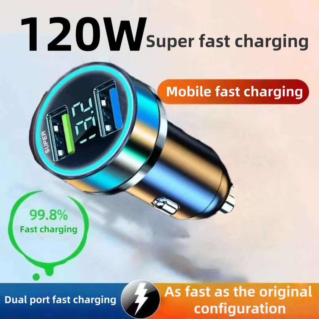 Carregador de carro de carregamento rápido, adaptador USB de 2 portas de 240 W com tela digital e luz ambiente, carregador de sistema de ignição e partida