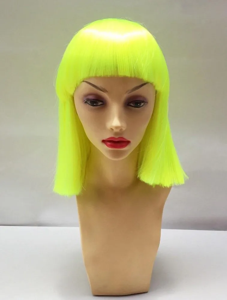 DELUXE BRIGHT NEON YELLOW SHORT BLUNT STRAIGHT BOB WIG WITH FRINGE BANGS