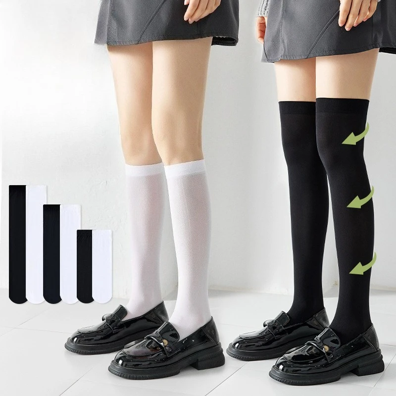 Kaus Kaki Wanita JK Warna Solid Kaus Kaki Setinggi Lutut Tipis Kaus Kaki Panjang Lolita Hitam Putih Lucu Stoking Cosplay Kawaii Anak Perempuan