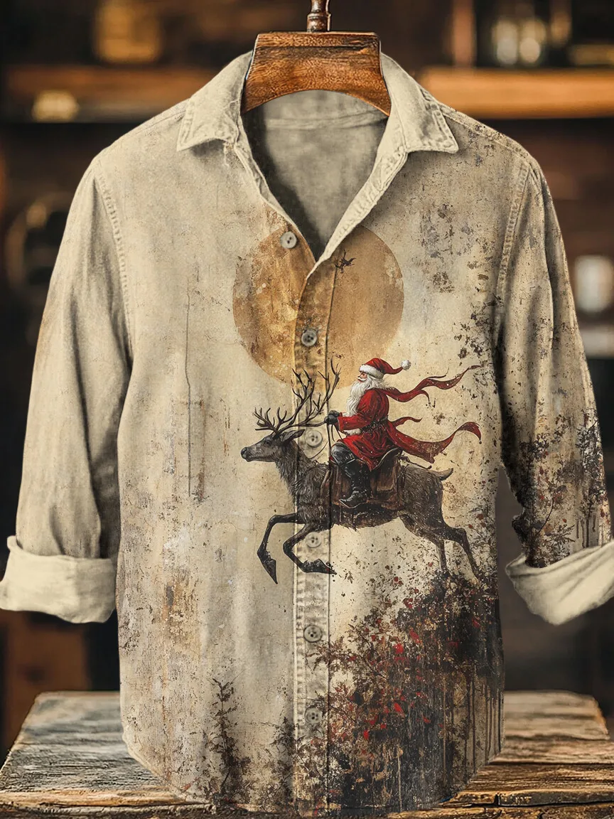 

Мужская рождественская рубашка с длинным рукавом Санта-Клаус для верховой езды с оленями и лунным светом, праздничная футболка с рисунком