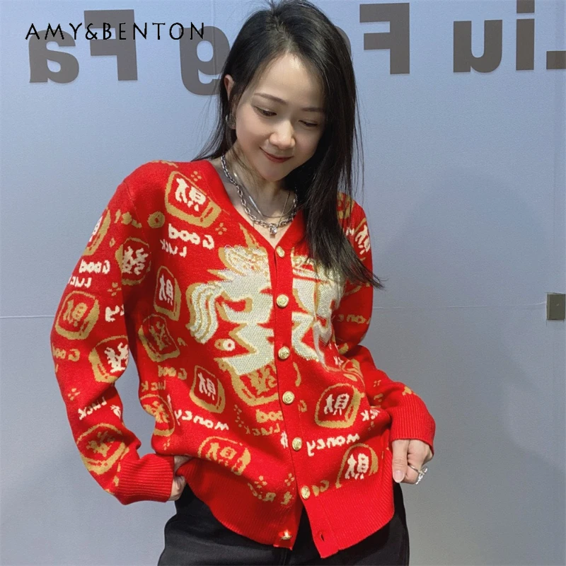 

New Year Atmosphere Red V-Neck Single-breasted Cardigan Sweater Ladies Autumn Winter Slimming Design Rhinestone Knitted Top Coat