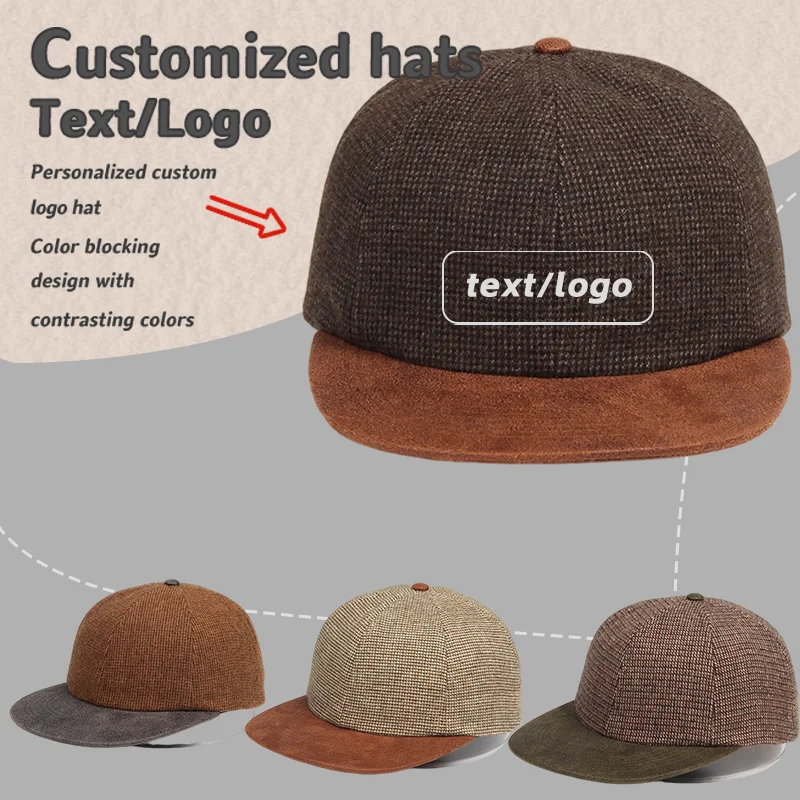 Customized Embroidered Logo Retro Color-blocked Woolen Baseball Cap Autumn and Winter 6-panel Street British Warm Hip-hop Hat