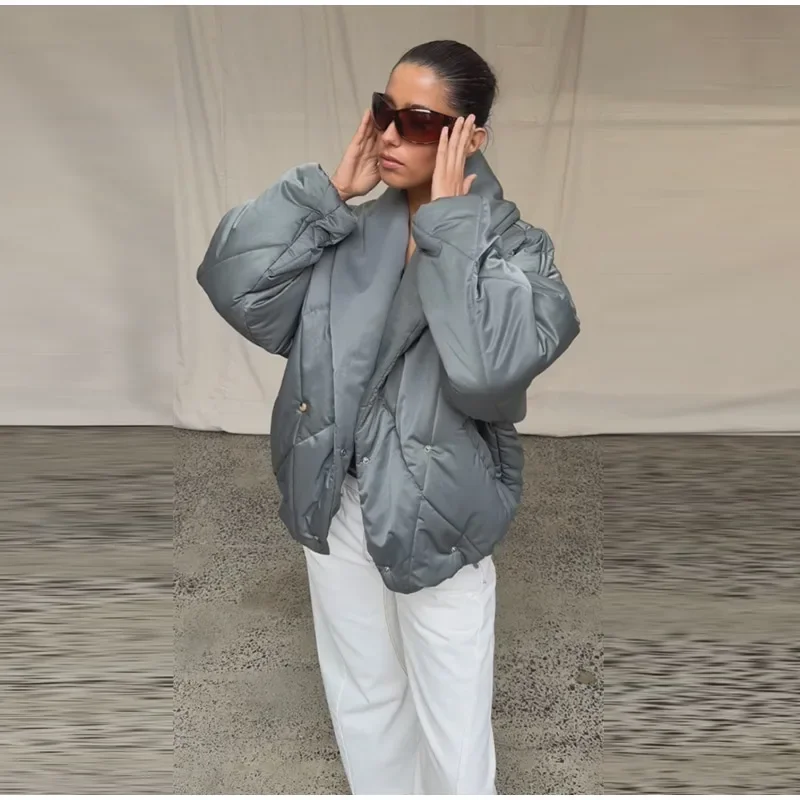 Übergroße Gesteppte Jacke mit Revers für Damen, Streetwear, Langarm, Doppelreihig, Locker Sitzende Mäntel, Modische Damen-Oberbekleidung, Neuheiten – Detail 6