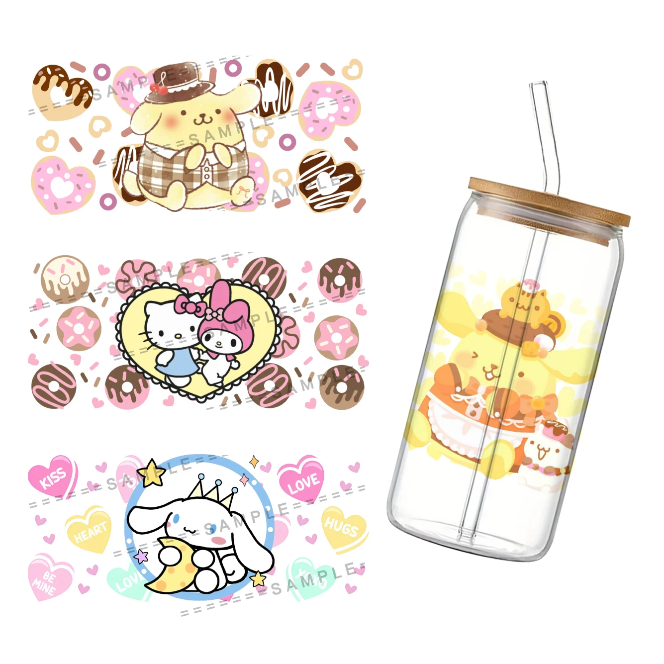 Sanrio Dessert 11X24cm Cup Wrap Sticker 16oz UV DTF Waterproof Wrap Sticker for Water Bottle