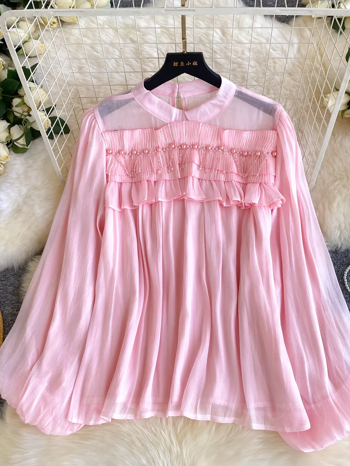 

Sweet 3D Flower Long Sleeve Shirt for Women New Fashion Beaded Pink Blouse Tops Clothes