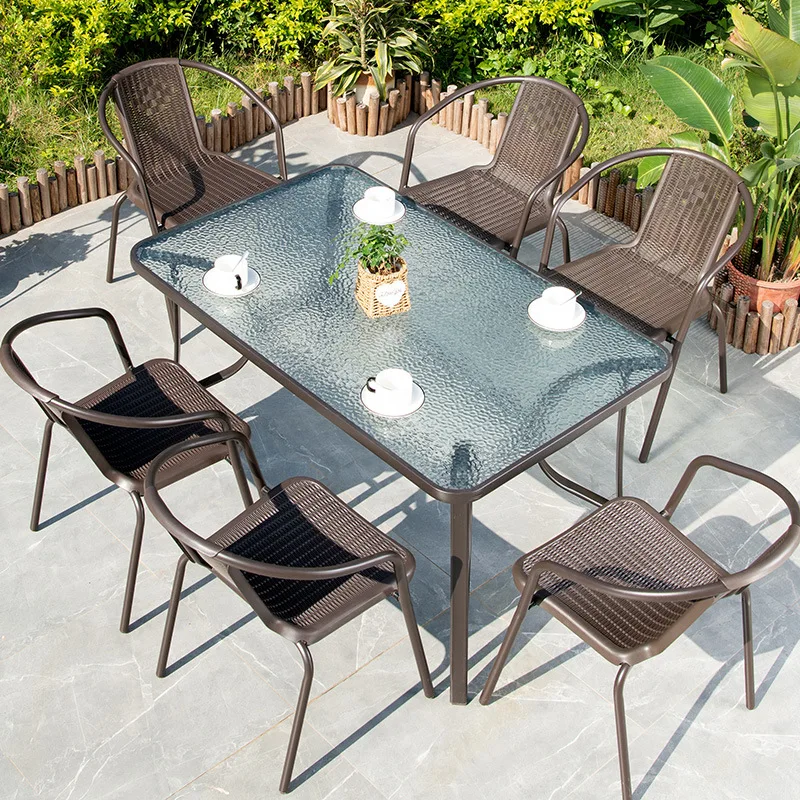 

Outdoor tables and chairs with umbrellas, courtyard, open-air waterproof and sunscreen, outdoor simple casual rattan chair