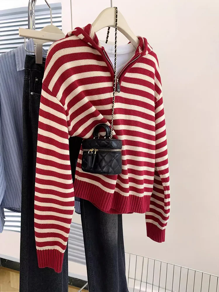 

2024 Autumn Winter Striped Sweater Women Half Zip Hoodie Sweater Lazy Style Long Sleeve Pullover Knit Sweater ﻿