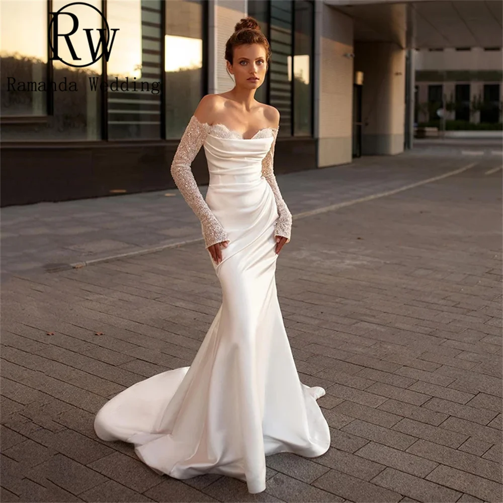 

Ramanda Sweetheart Long Sleeve Mermaid Wedding Dresses Women 2025 Lace Pleat Open Back Robes De Mariée Bridal Gown Customzied