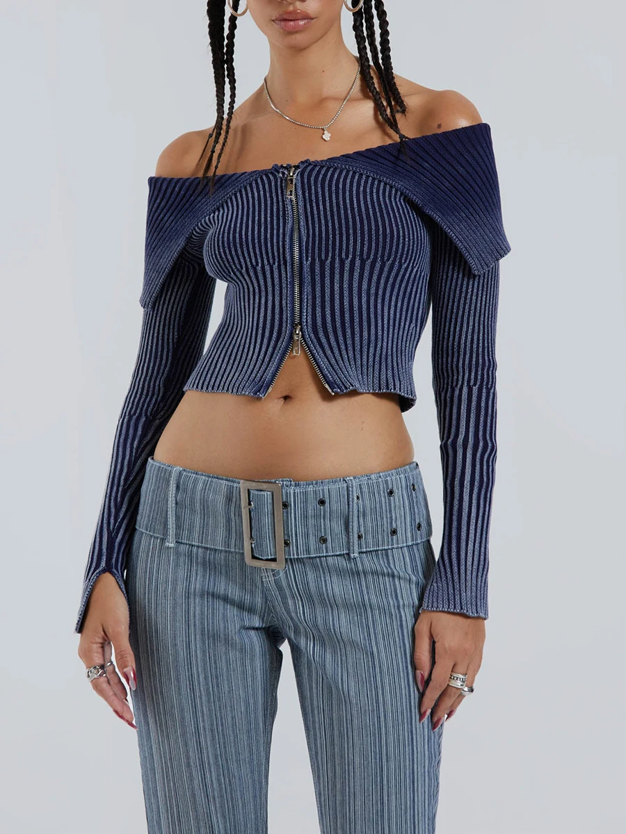 Women s Gradient Print Off Shoulder Long Sleeve Crop Top with Ribbed  Fit Design and Lapel Detail