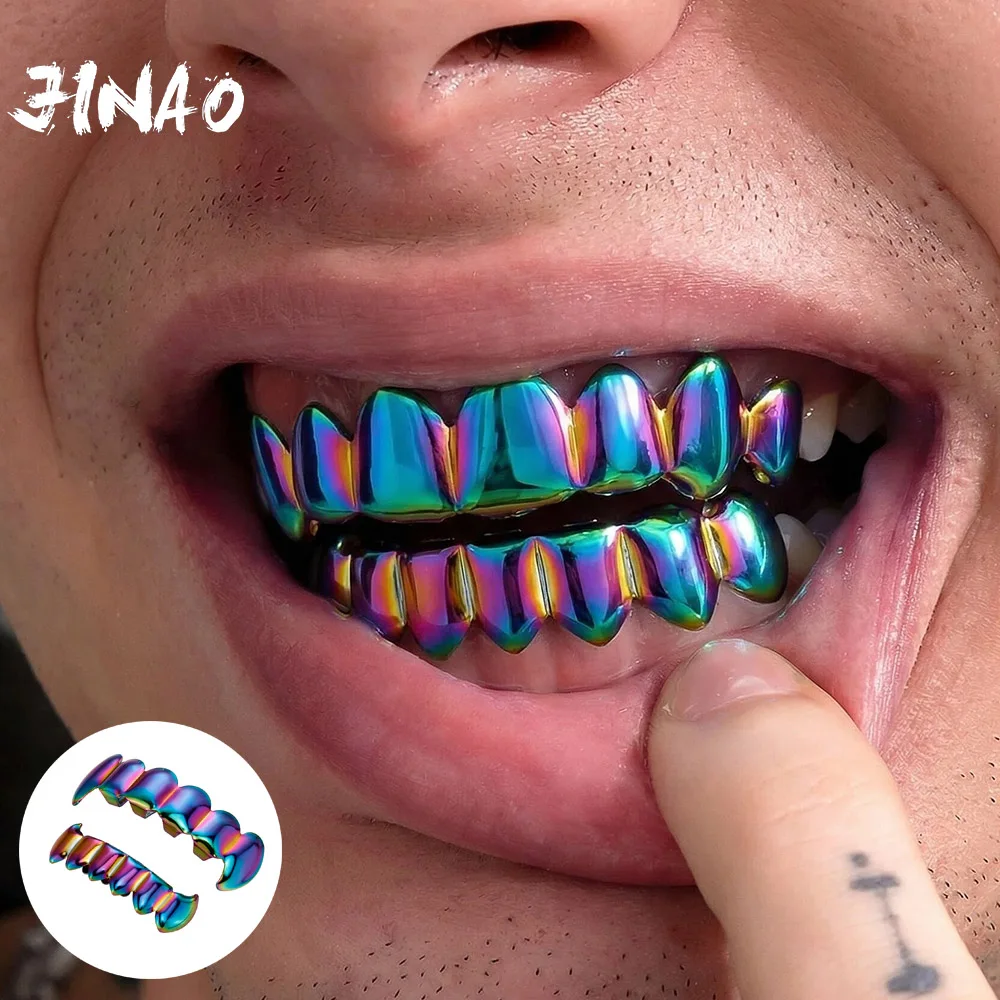 JINAO Hip Hop 6-8 Teeth Smooth Surface Quenched Rainbow Color Grillz Set Men Women Top&Bottom Shiny Grill Punk Rapper Christmas