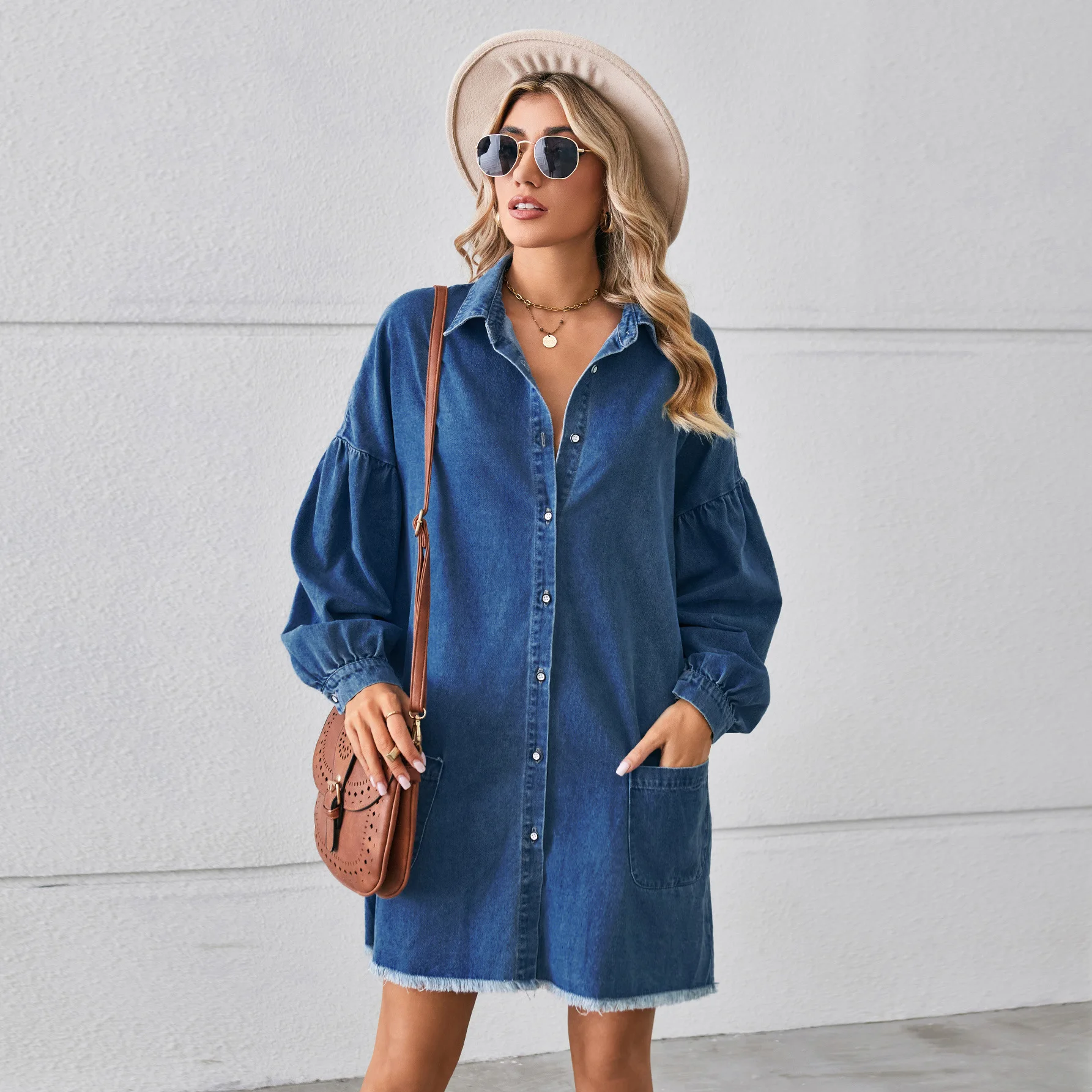 New Loose Denim Long-sleeved Rough Selvedge Dress, Women's Casual Lapel Denim Dress with Pockets for Spring and Autumn Vestidos