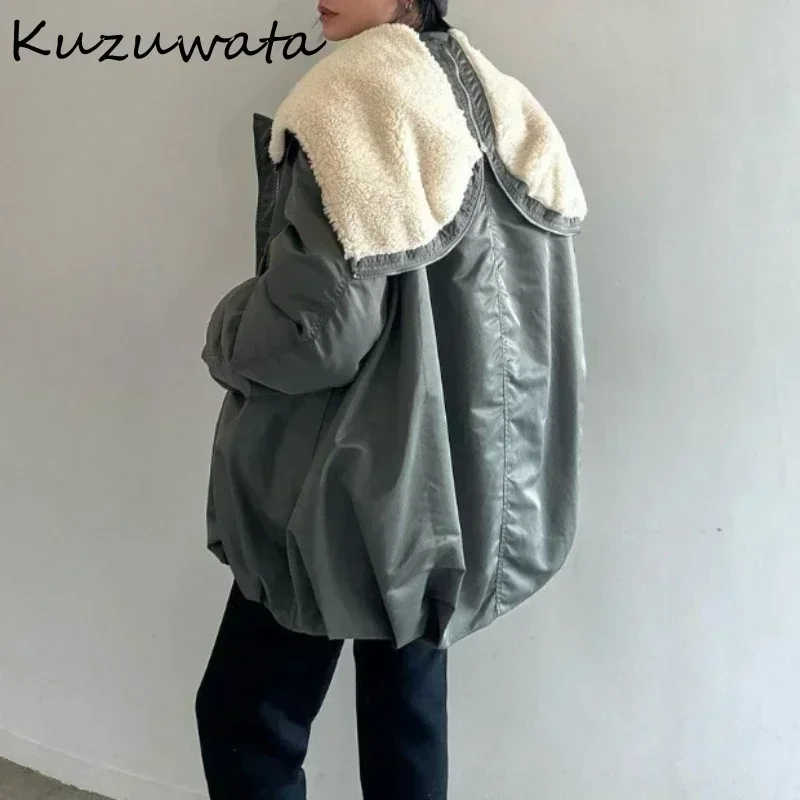 Kuzuwata Long Sleeve Hooded Casual Soft Jacket Zip Slim Fit Loose Button Elegant Parkas Coat Japan New Moda Pocket Outwears