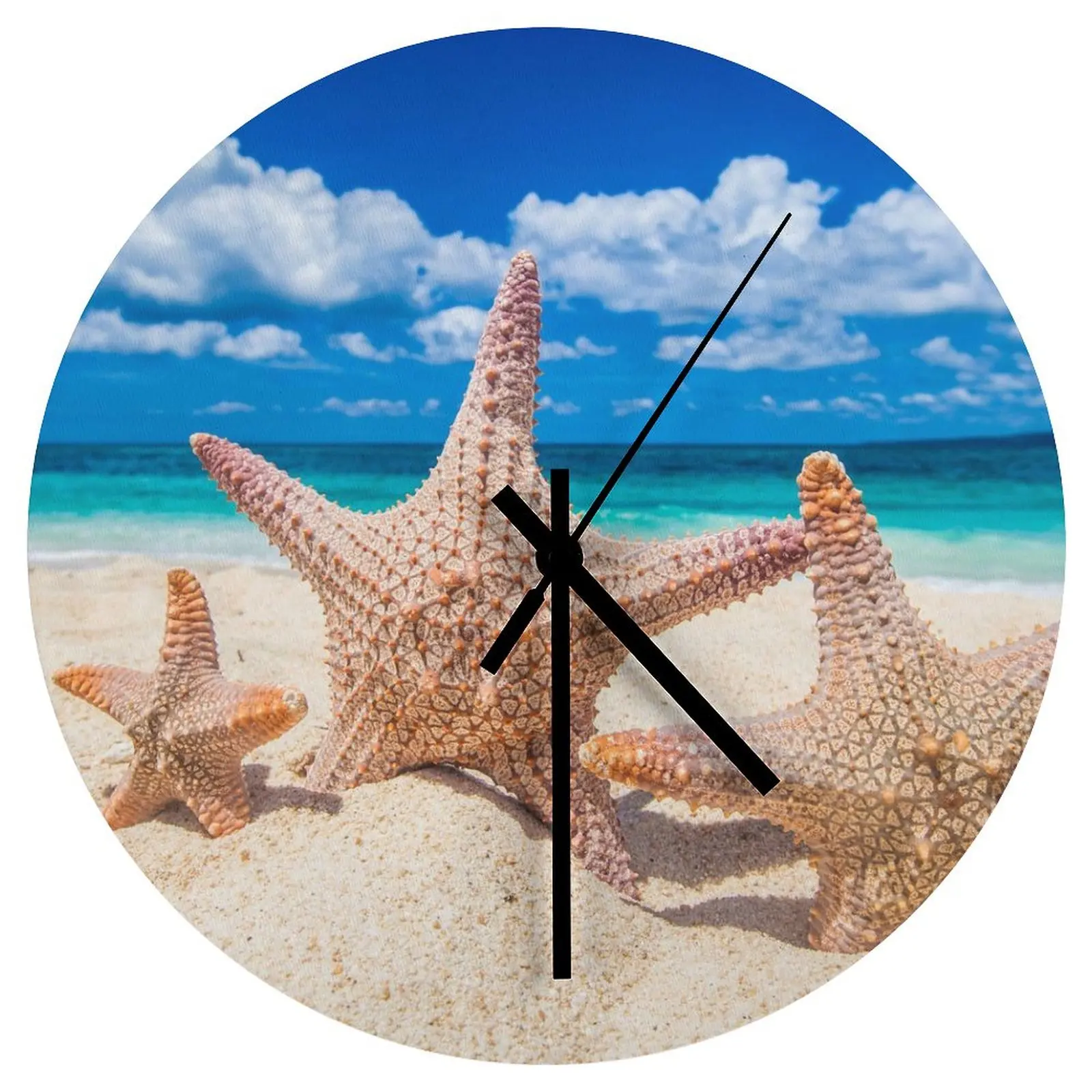 

Study Wall Clock Beach Starfish Sea star Clocks 12 inch Silent Wood Round Creative 3D Display Nordic