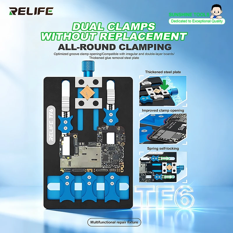 RELIFE TF6 Support de réparation de carte mère avec double pince intégrée et ouverture optimisée pour cartes irrégulières et à double couche