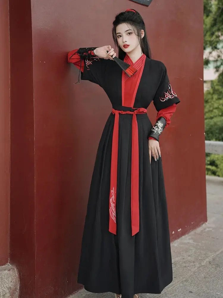 Female Chinese Style Martial Arts Hanfu WeiJin Style Costume Embroidered Clothes Chinese Folk Dance Performance Dress