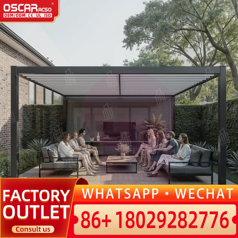 Outdoor Retractable Louvered Roof Waterproof RGB Lighting Dimmable Rolling Bioclimatic Pergola System for Gardens Patios Balconi