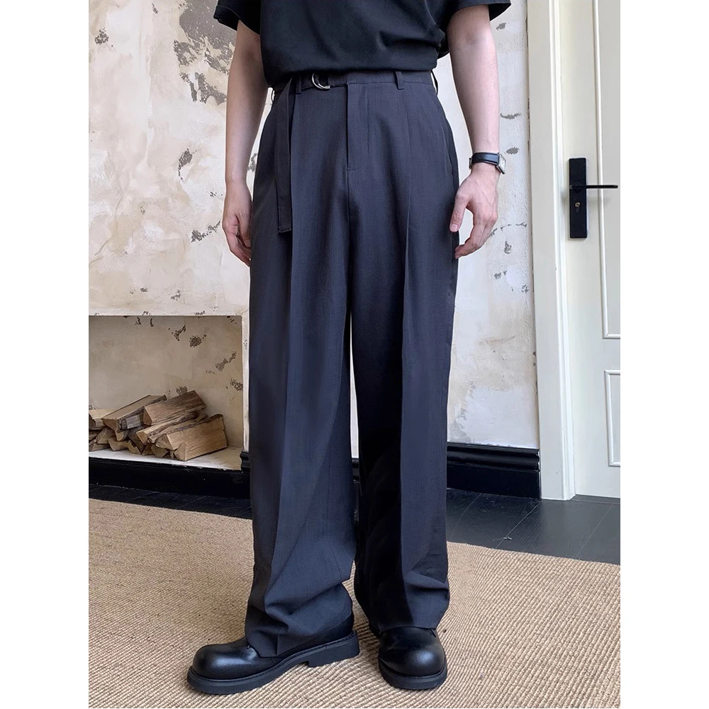 Men Loose Casual with Belt Black Gray Suit Pant Office Man Commuter Straight Trousers Korean Streetwear Fashion Baggy Pants