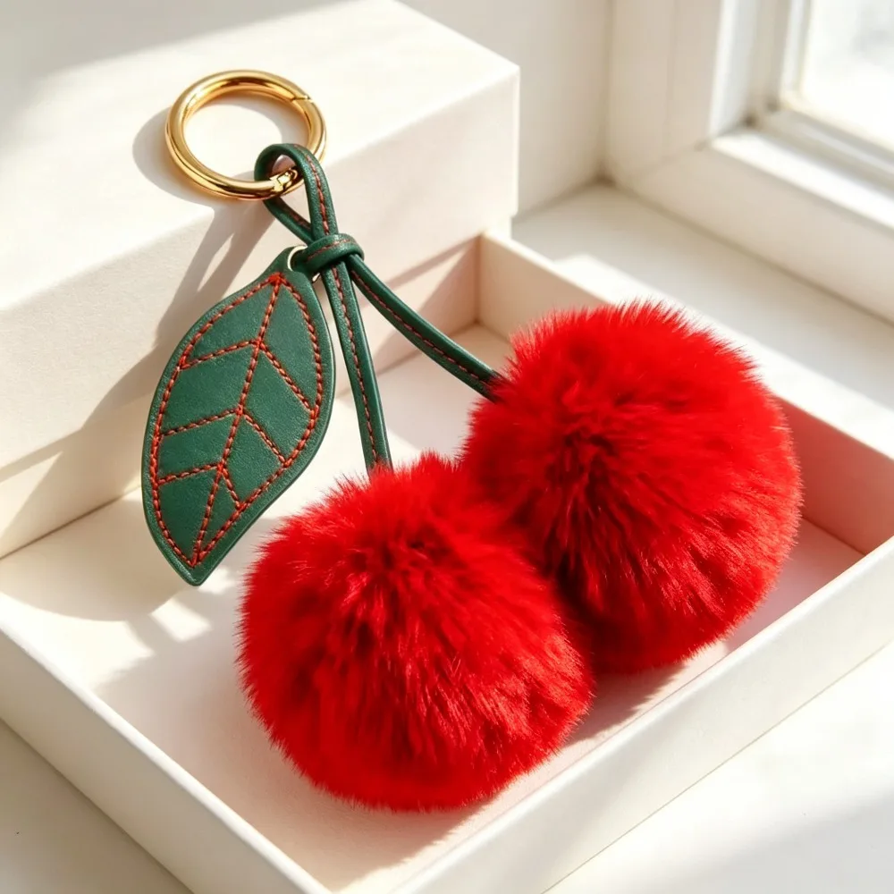 Kirschfarbener Kunstfell-Pompon-Schlüsselanhänger, weicher, flauschiger Plüsch-Taschenanhänger, modischer, bunter Ballanhänger, langlebiger Metallclip, dekorativ