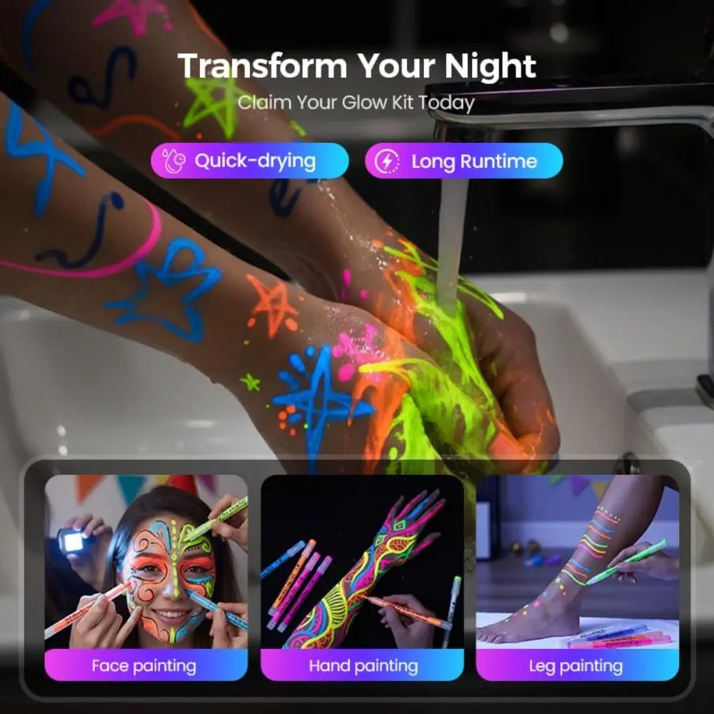 12 Colors Glow Face Paint Markers Easy Wash Off Non-Toxic UV Neon Face Paint Water-Based Black Light Reactive Temporary