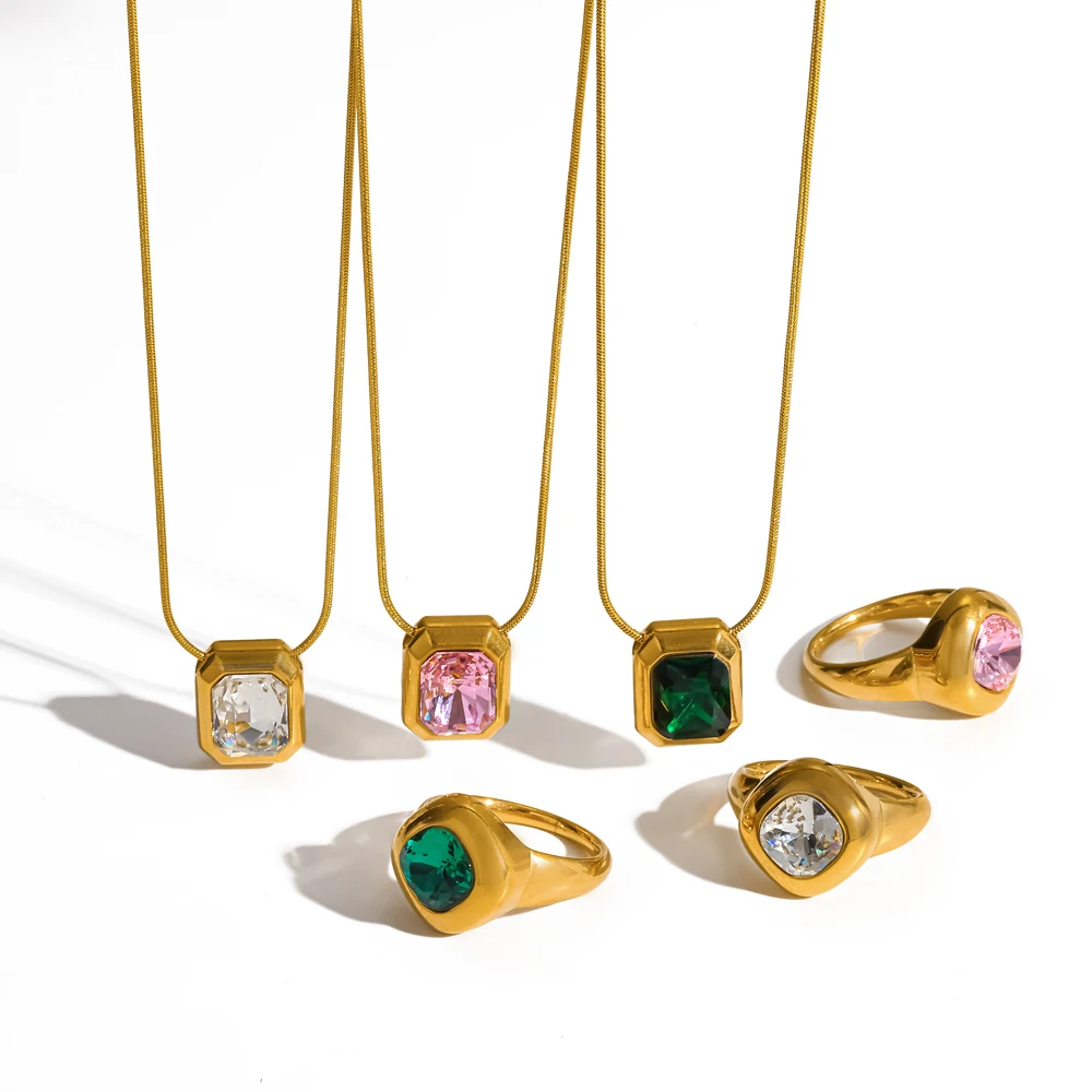 Women's Exquisite Shiny Square Zircon Jewelry Set - Stainless Steel Waterproof Ring Necklace Combo Simple Elegant Gift