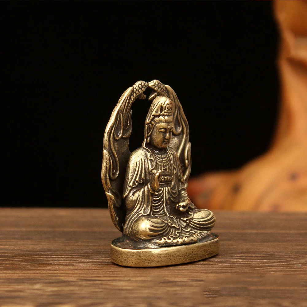 Antique Brass Small Portable Safety Buddha Pocket Buddha Bronze Pendant New Guanyin Solid Buddha Statue Decoration Crafts