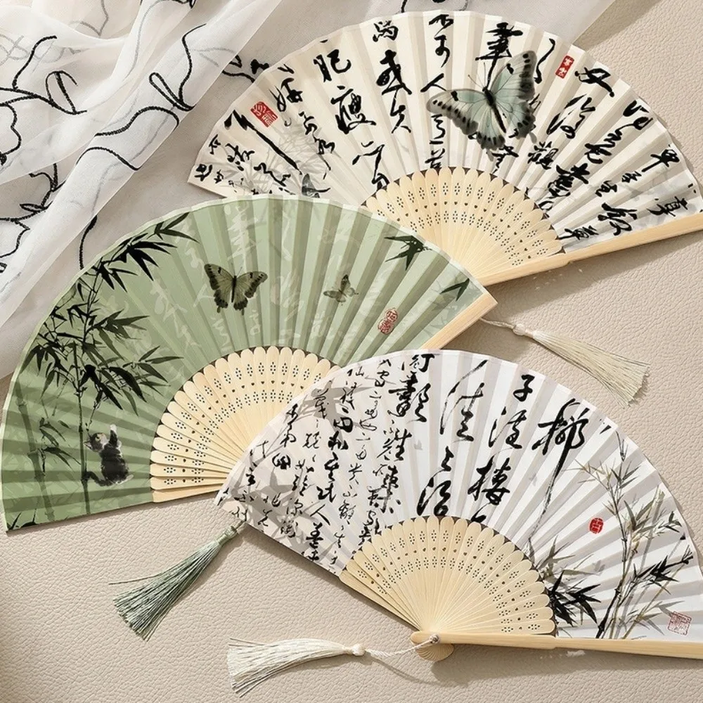 Dance Props Chinese Style Tassel Folding Fan Butterfly Lotus Bamboo Fan Swallow Plum Blossom Handheld Fan Birthday Party