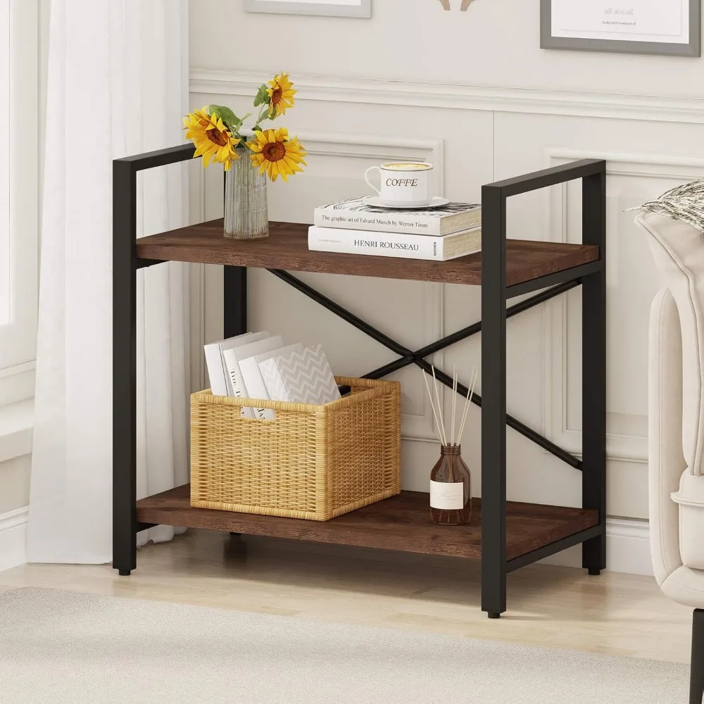 

Small Short Bookshelf Book Shelf Office (Rustic Oak) Bookcase Metal Low Book Shelf for Small Spaces Living Room Bedroom Storage