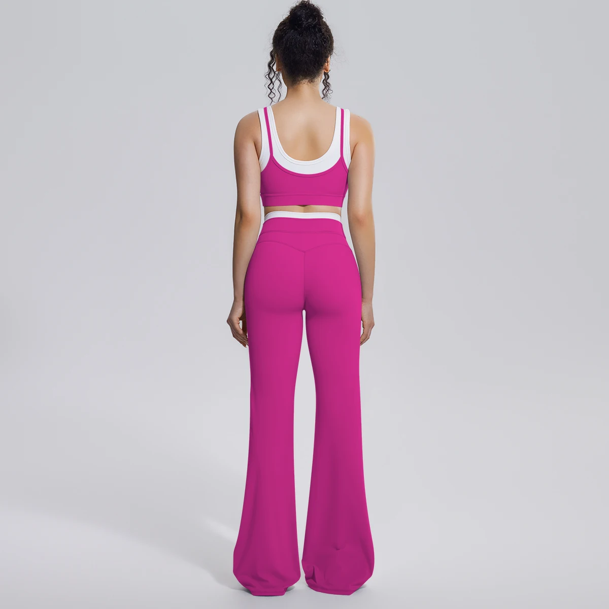 Neues Farbblock-Set mit Schönem Rücken-Yoga-BH und Weiten Hosen für Sommer, Fitness, Laufen und Workout, Hochelastisches, Lockeres Schlaghosen-Oberteil – Detail 17