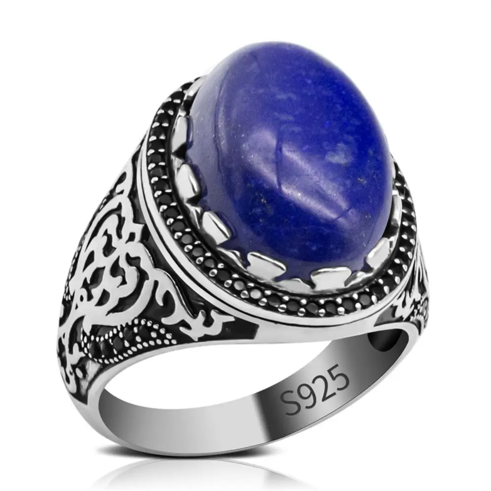 

925 Sterling Silver Mens Ring with Natural Blue Lapis Lazuli Stone Handmade Vintage Hand Ring Jewelry