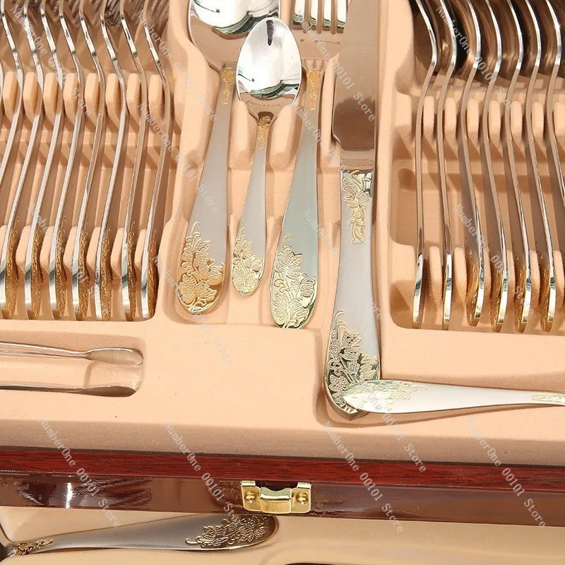 72-piece Western Stainless Steel Set with Gold-Plated Steak Knife, Fork, Spoon, Gift Box for Special Occasions