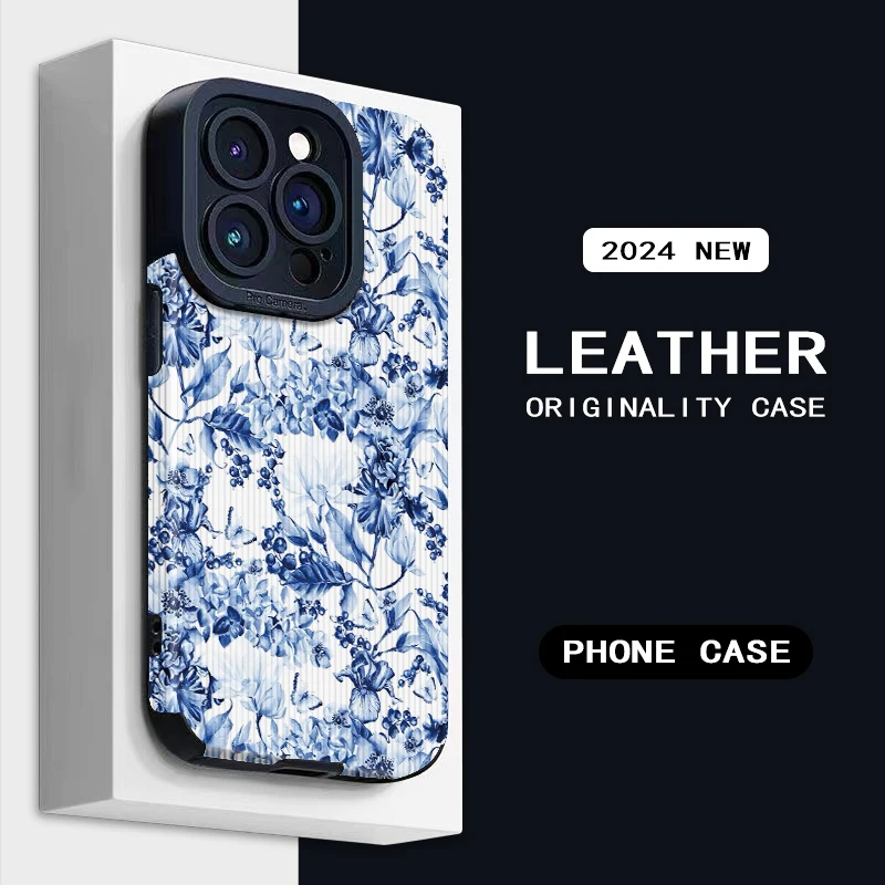 Light luxury blue ink flower pattern Casing for iPhone 16Promax 16 16Pro 15 11 13 14 12Pro leather texture shockproof protection