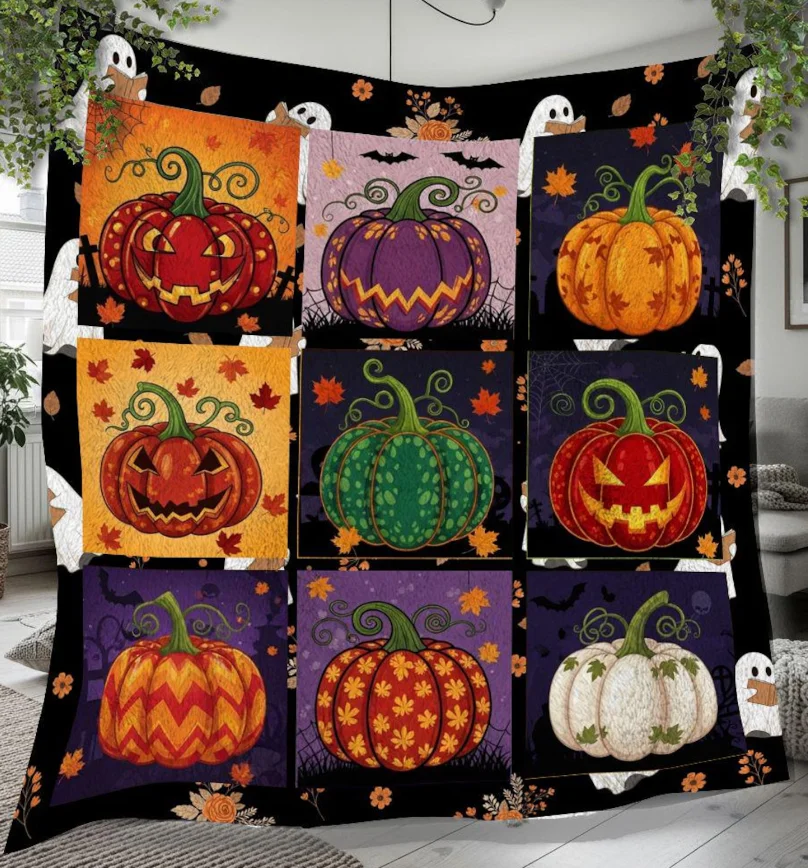 Halloween Colorful Pumpkin Blanket Vintage Personalized Fleece Blanket, Jack-o'-lantern, Autumn Pumpkin Blanket