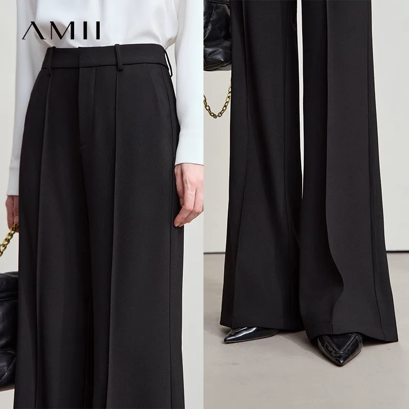 AMII Minimalistische Damen-Freizeithose, 2025, Herbstmode, schwarze Hose mit weitem Bein, Anti-Falten-lose Hose, Damenbekleidung 12523100