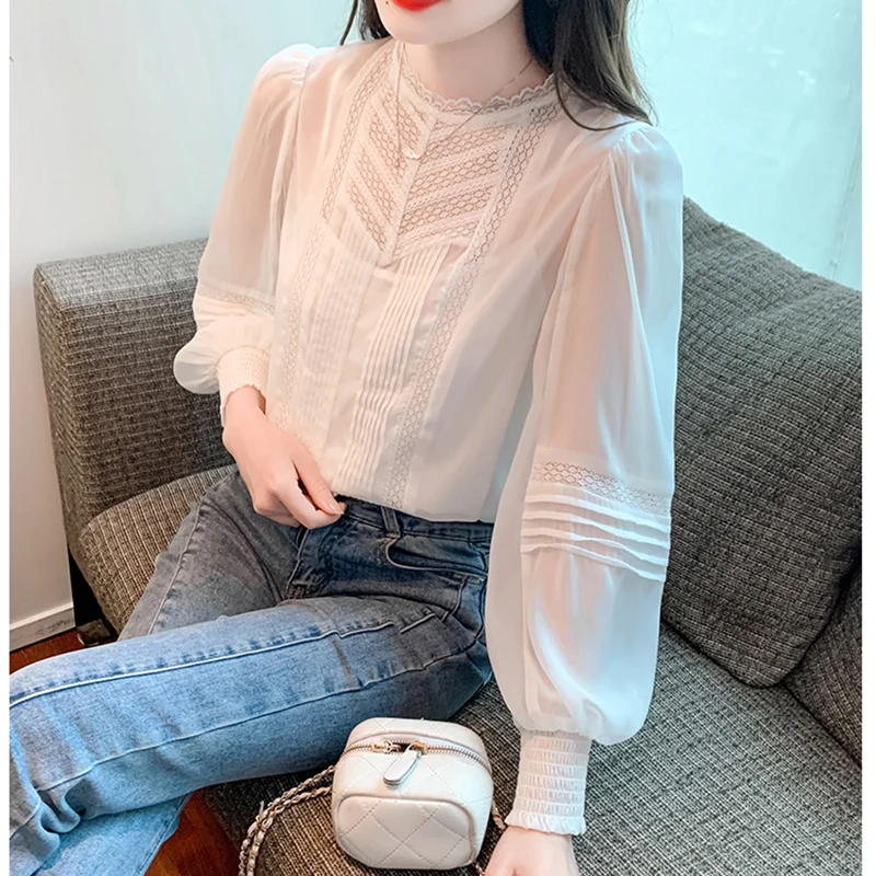 Malha transparente oco para fora camisas ol feminino lanterna manga blusa branca feminina 2025 nova primavera outono elegante camisas de renda feminina