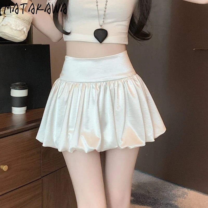 

Matakawa Satin Bud Skirts Women Solid Spring Summer A-line Sweet Mini Skirt High Waist Y2k Korean Fashion Vintage Faldas Mujer