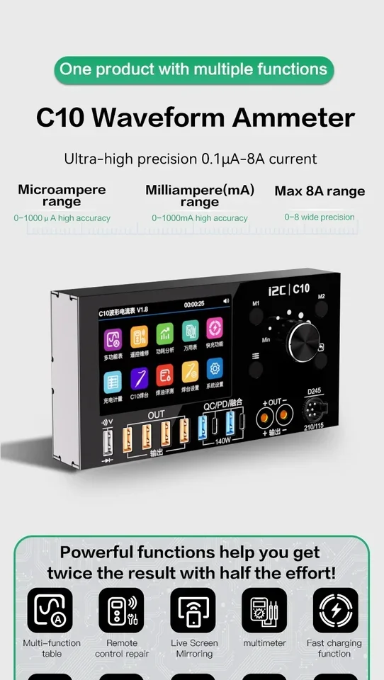 I2C C10 Ultra-high Precision Digital Waveform Ammeter 0-36V Input With Charge Detection Voltage Measurement Tester