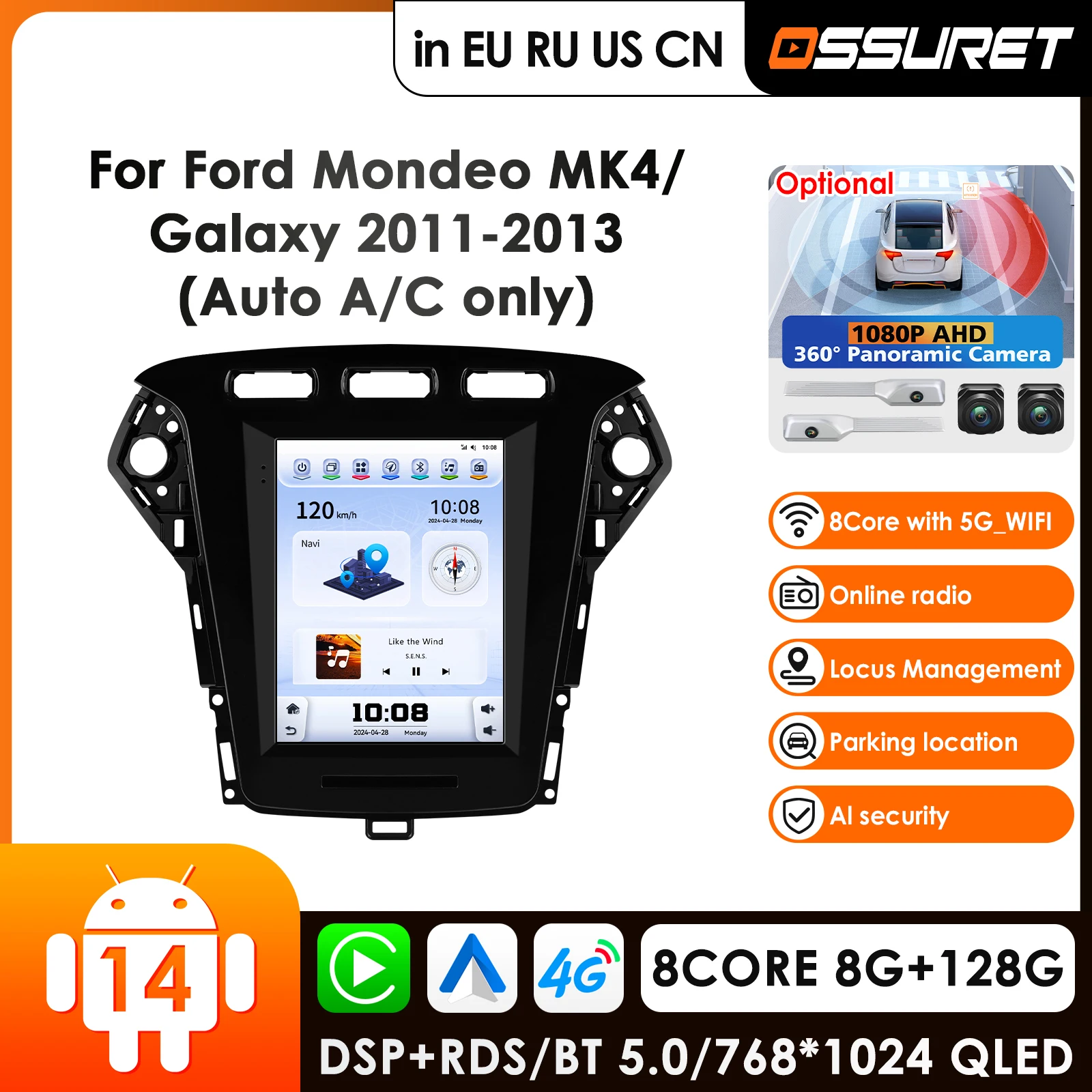 

OSSURET 9,7-дюймовая беспроводная автомагнитола с Carplay и Android Auto для Ford Mondeo MK4 / Galaxy 2011-2013, автомобильная стереосистема с DSP