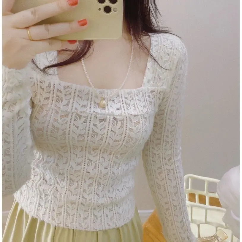 

Women's Clothing French Style Long Sleeved Lace Hollow Out Knitted T-shirt for Women Spring Autumn Casual Slim Fit Pullover Top