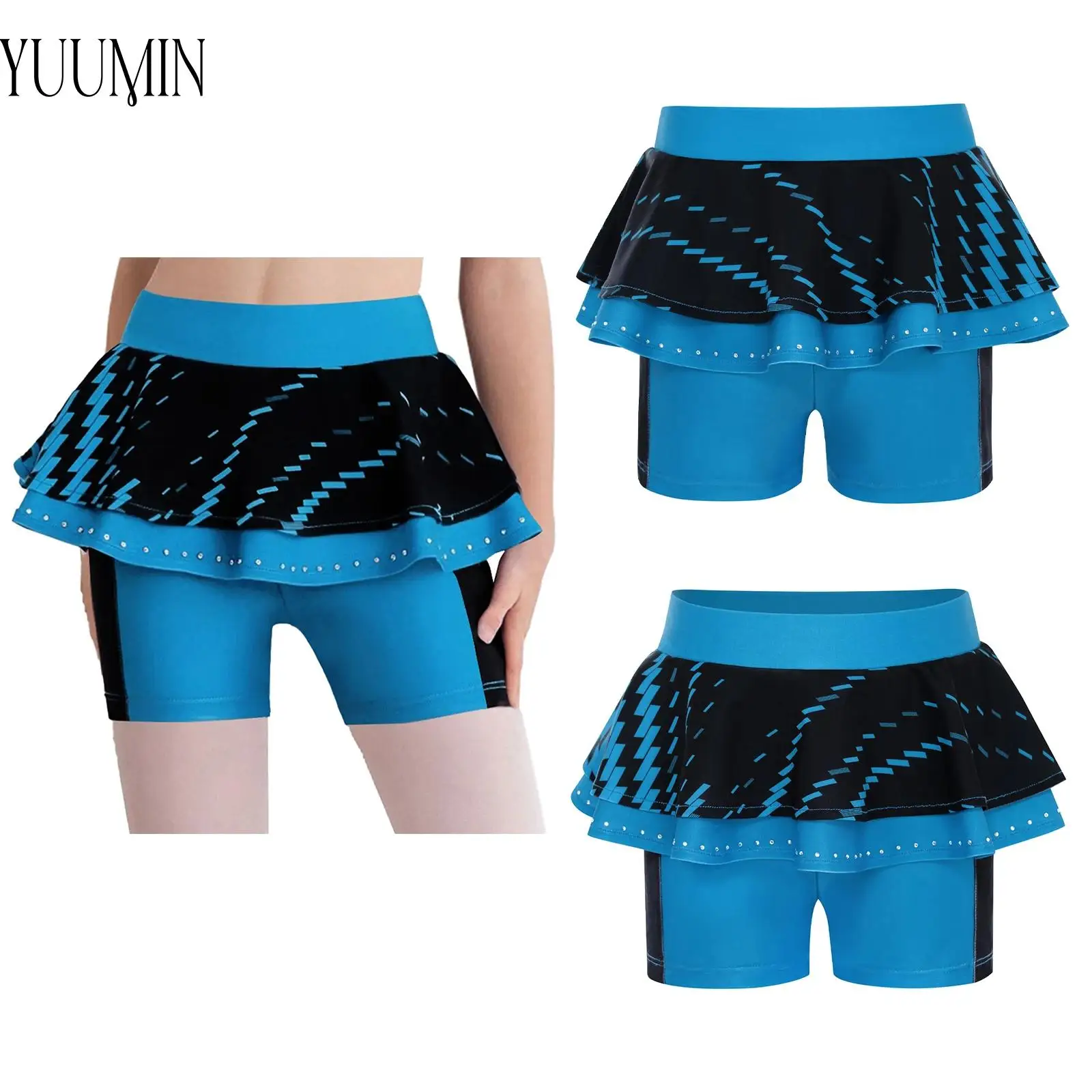 

Girls Breathable Sports Stretchy Shorts Stylish Two-Layer Ruffles Color Block Athletic Shorts for Gymnastics Cycling Workout