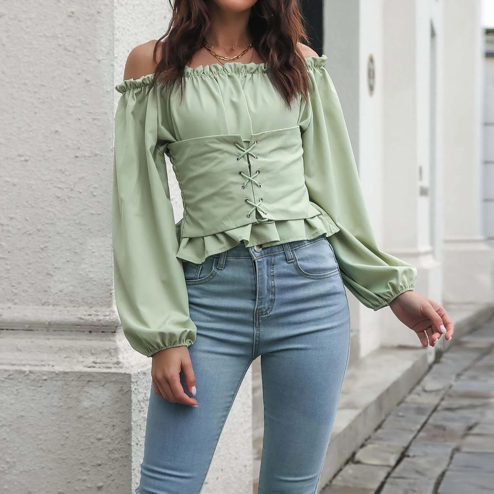 Women's Solid Shirt Front Tie Sleeve Off Shoulder Waist Short Chiffon Top Long Sleeve Blouse Elegant Office Pullover Clothes