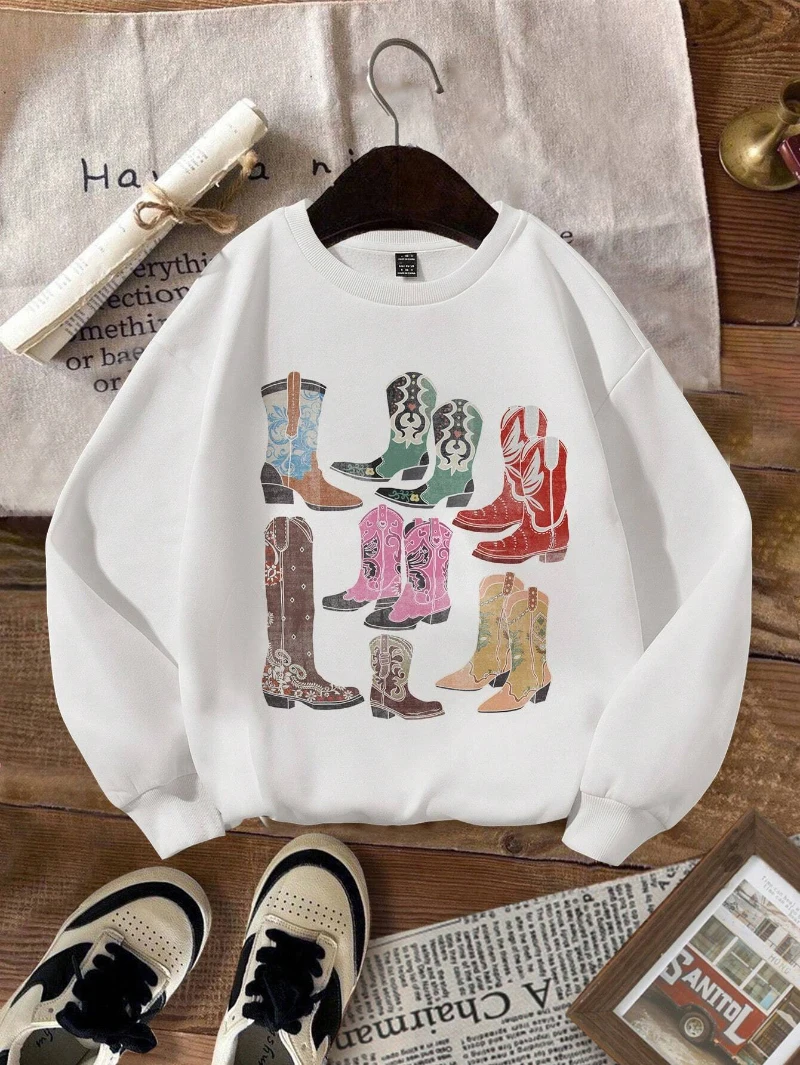 Vintage boots Prints Graphic Sweatshirts Casual Women\'s Pullover Fashion Oversize Long Sleeves Hoodie Warm Fleece Female Clothes