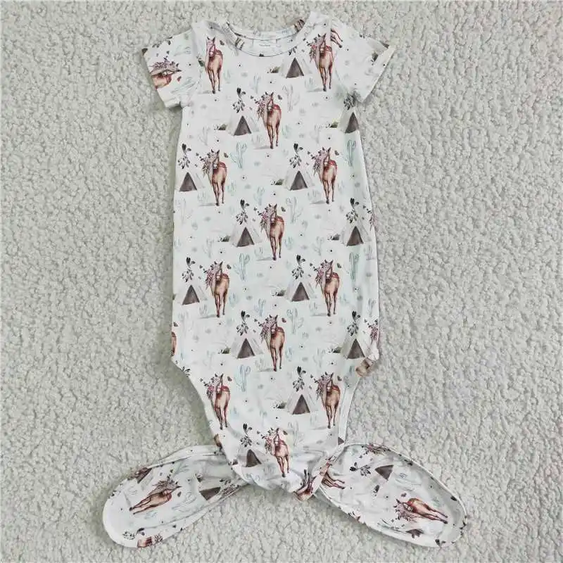 

Summer Knotted Newborn Gown Baby Girl Boy Horse Short Sleeve Romper Floral Clothing Kids One-piece Wholesale Toddler New Clothes