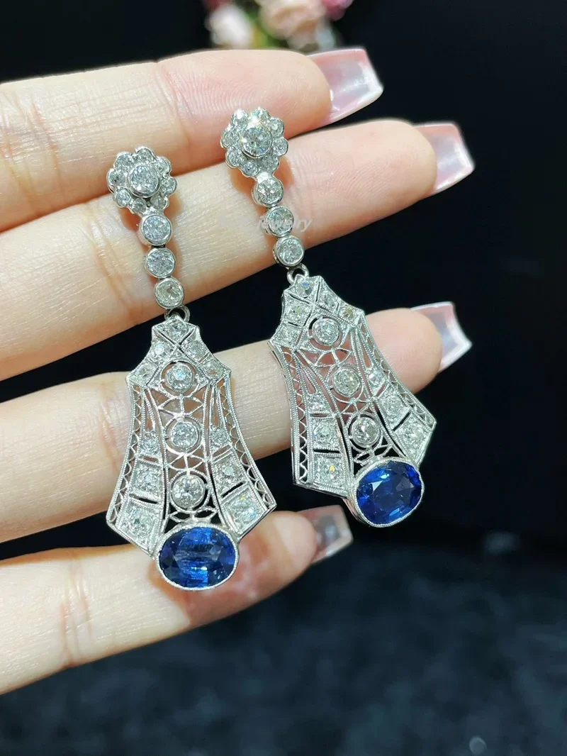 Ruif Top Luxury Platinum Natural Sapphire with Diamond Drop Earring for Women Elegant Party Wedding Gift Classic Jewelry