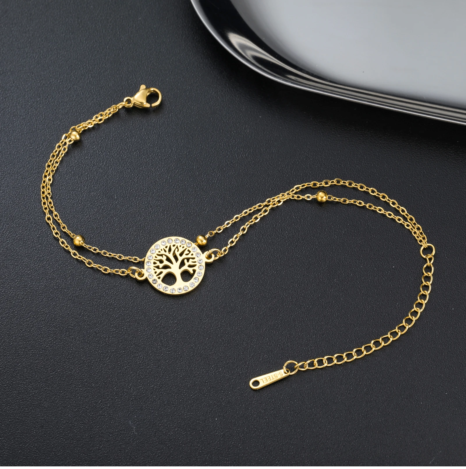 CoolTime Baum des Lebens Ring Zirkon Damenarmbänder Edelstahl Doppelketten Schmuck Goldfarben Mode Amulett Geschenk – Detail 6